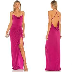 Katie May So Juicy Maxi Dress Cowl Neck Fuchsia Gown Peacock Small Slit Sexy